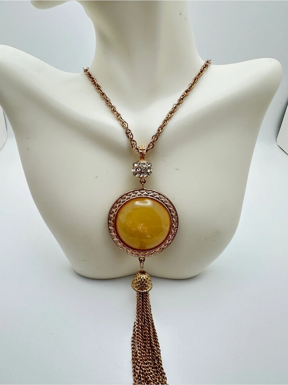 Vintage Rose Gold Pendant Necklace with Amber Yellow Cabochon pendant